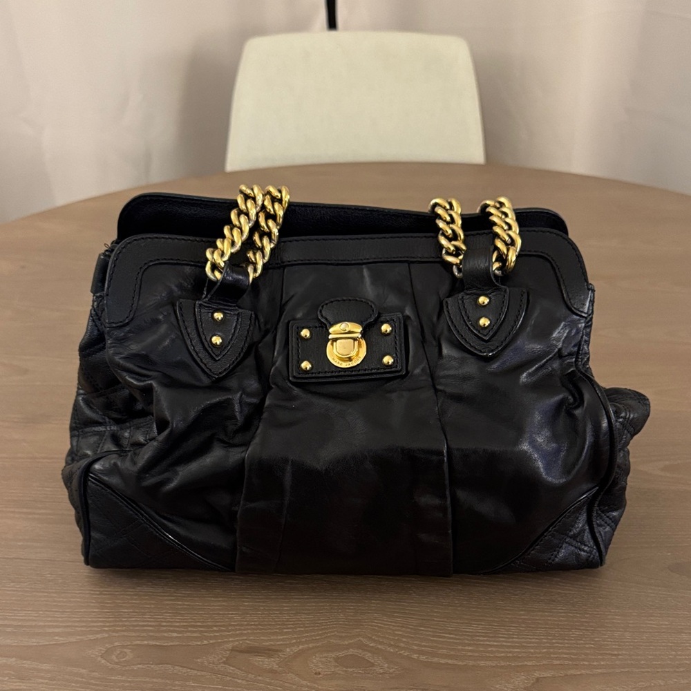 Marc Jacobs Black Leather Shoulder Bag with Gold Accents